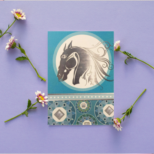 Teal Horse with patterned circles Card (6x4")