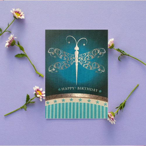 Teal Dragonfly with stripes 'Happy Birthday' Card (6x4")