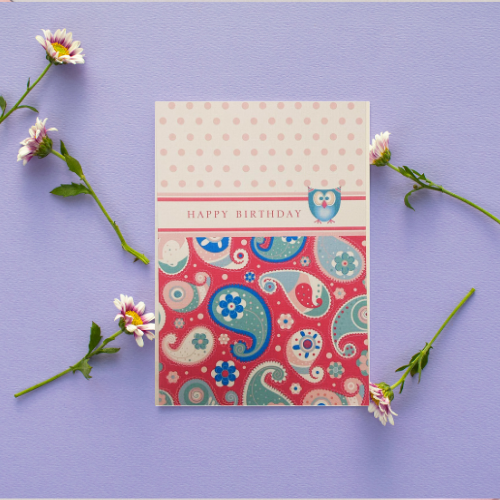 Pink & blue Paisley decorated card with Owl 'Happy Birthday' Card (6x4")