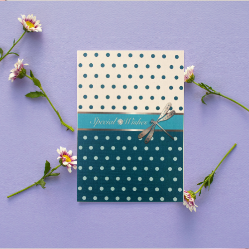 Teal Spotty Dragonfly 'Special Wishes' Card (6x4")