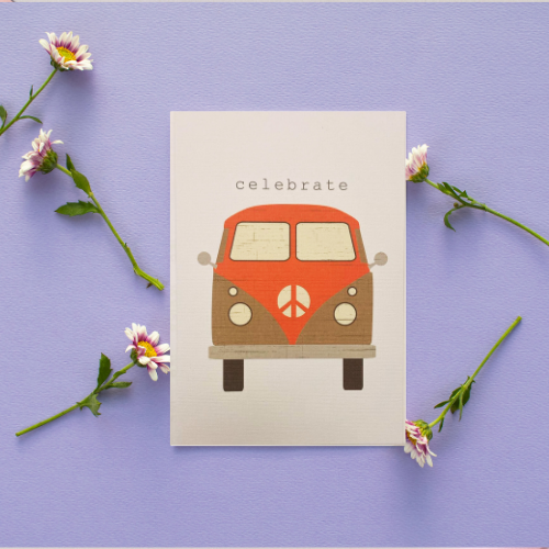Tangerine Campervan 'Celebrate' BLANK Card (6x4")