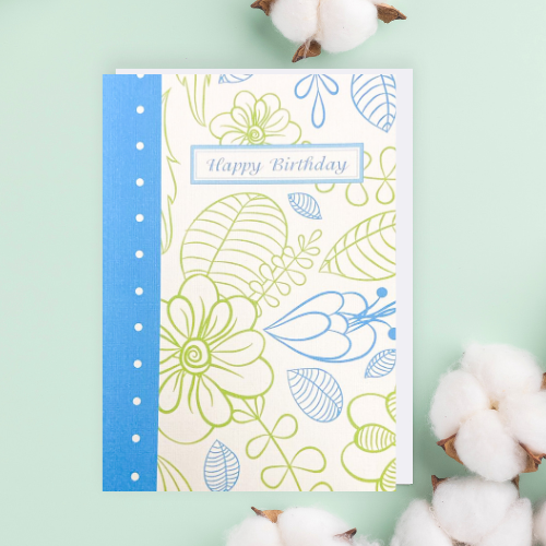 Blue & Olive Flowers 'Happy Birthday' Card (6x4")