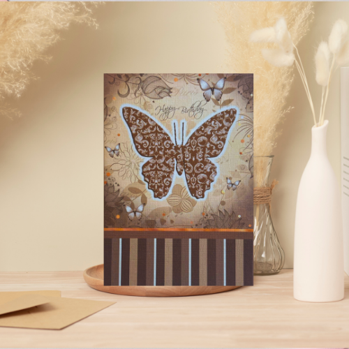 Taupe Vintage Butterfly 'Happy Birthday' Card (6x4")