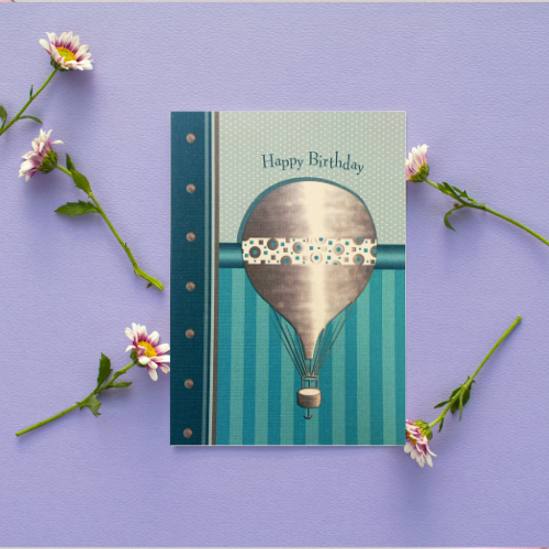 Teal Hot Air Balloon & stripe detail 'Happy Birthday' Card (6x4")