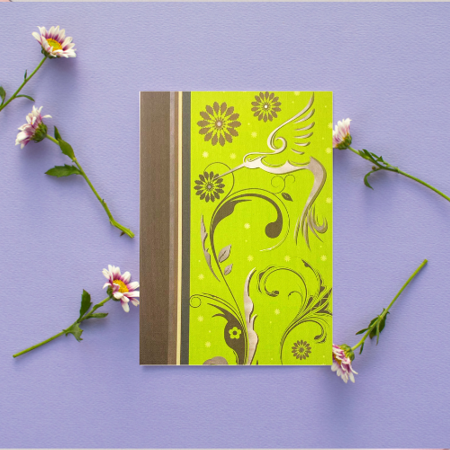 Lime green Hummingbird & flowers BLANK Card (6x4")