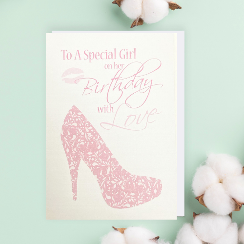 Pastel Pink Flower pattern Shoe 'To a Special Girl on her Birthday with Love' Card (6x4")