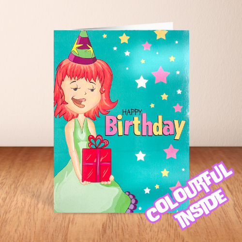 'Happy Birthday' Girl with present Card (6x4")