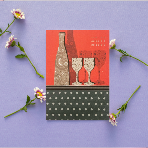 Red Bottle & Glasses 'Celebrate' with grey spot detail BLANK Card (6x4")