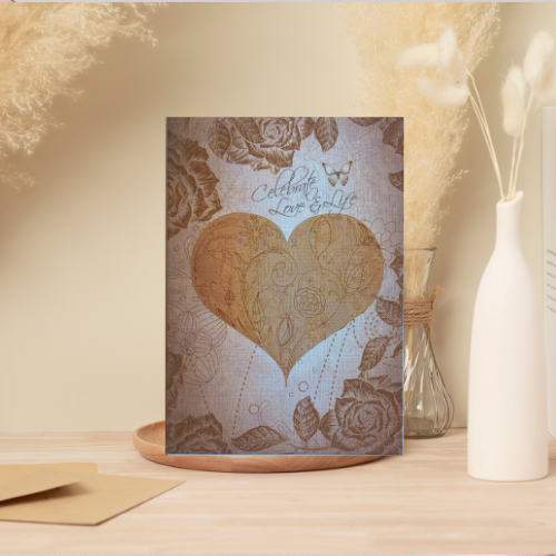 Taupe Vintage Heart & Flowers 'Celebrate Love & Life' BLANK Card (6x4")