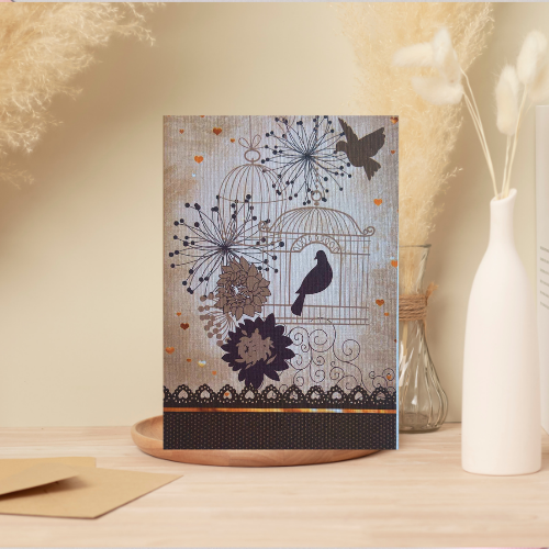 Vintage Taupe Birdcages with Birds & Flowers  BLANK Card (6x4")
