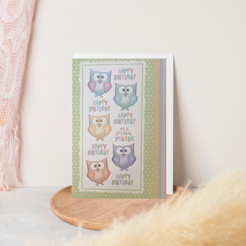 Mint Green with pastel Owls 'Happy Birthday to a special person' Card (6x4")