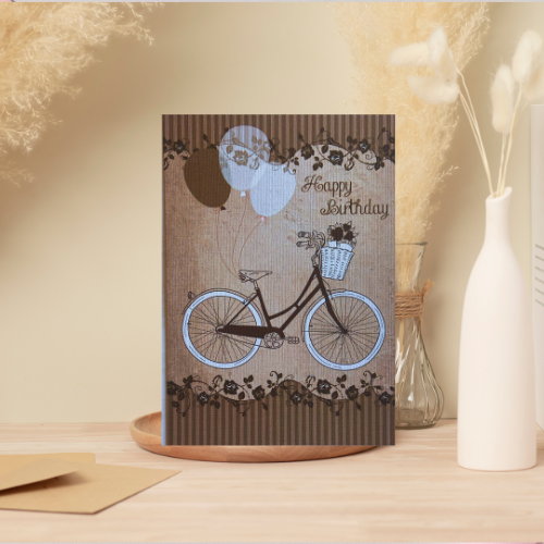 Taupe Vintage Bicycle & Balloons'Happy Birthday' BLANK Card (6x4")