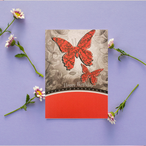 Red & Grey Butterfly 'Happy Birthday' Card (6x4")