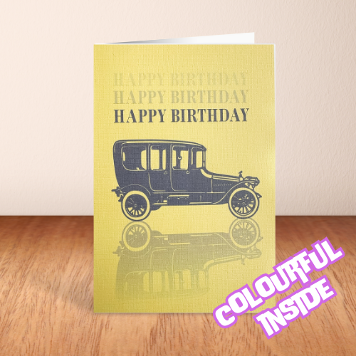 Yellow & Grey Vintage Car 'Happy Birthday' Card (6x4")