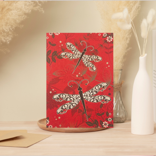 Red, Grey & White Dragonflies with flower pattern BLANK Card (6x4")
