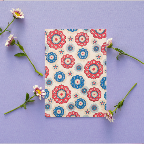 Pink & Blue Retro Flower Circles Card BLANK (6x4")