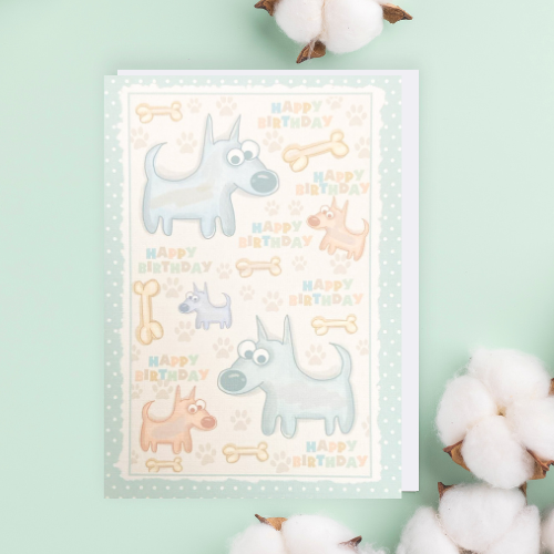 Pale Blue Cartoon Dog & Bone 'Happy Birthday' Card (6x4")