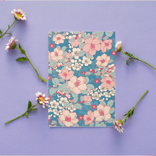 Pretty Blue, pink & white flowers Card BLANK (6x4")