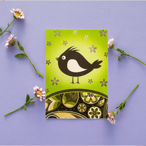 Lime green Bird with pretty flower pattern BLANK Card (6x4")