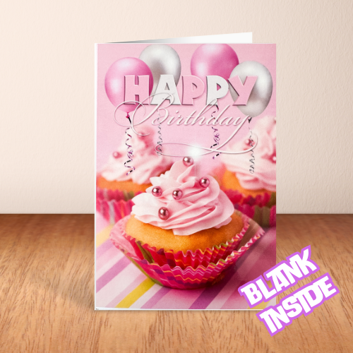 Pink Cupcakes with balloons 'Happy Birthday' BLANK Card (6x4")