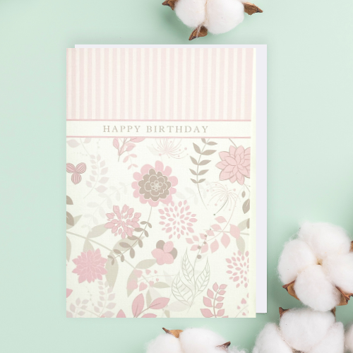Pastel Pink stripes & flowers 'Happy Birthday' Card (6x4")