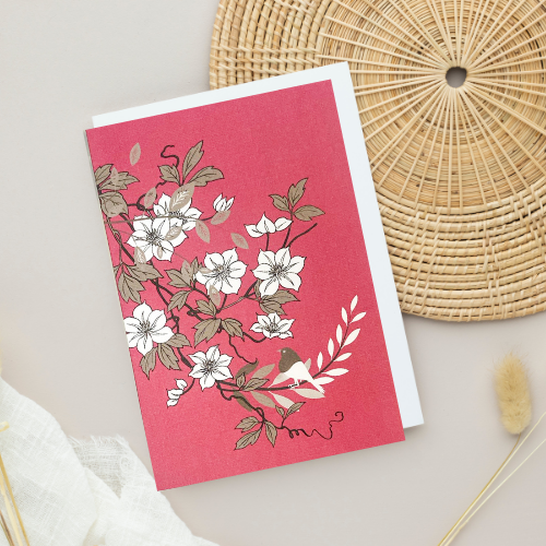 Dark Pink with white & grey Flowers BLANK Card (6x4")