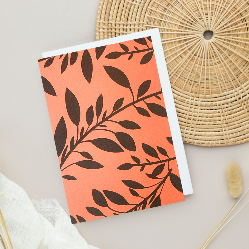 Tangerine coloured with Black Leaves BLANK Card (6x4")