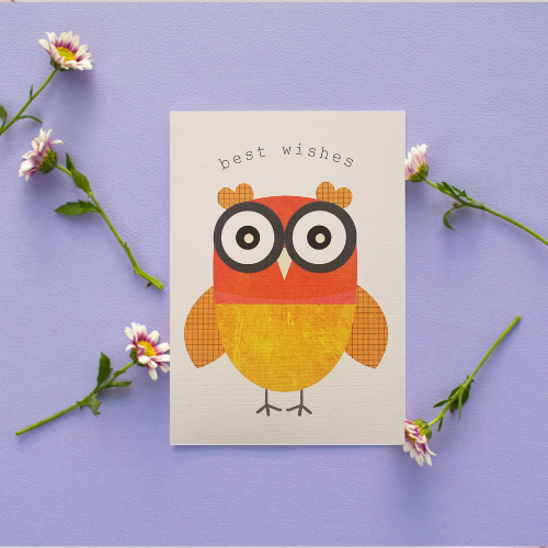 Tangerine Big Eyed Owl 'Best Wishes' BLANK Card (6x4")