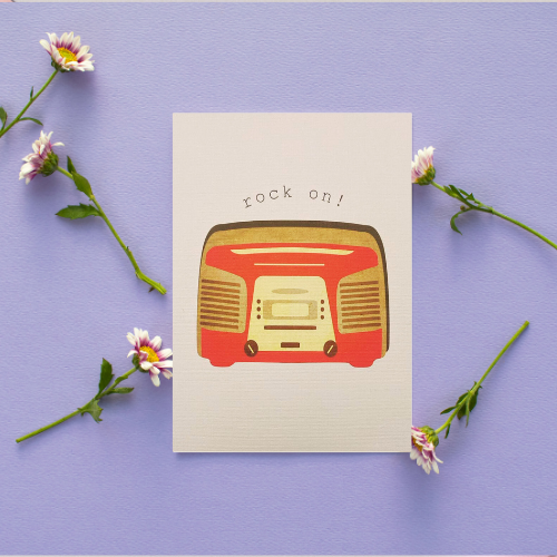 Tangerine Retro Radio 'Rock On' BLANK Card (6x4")