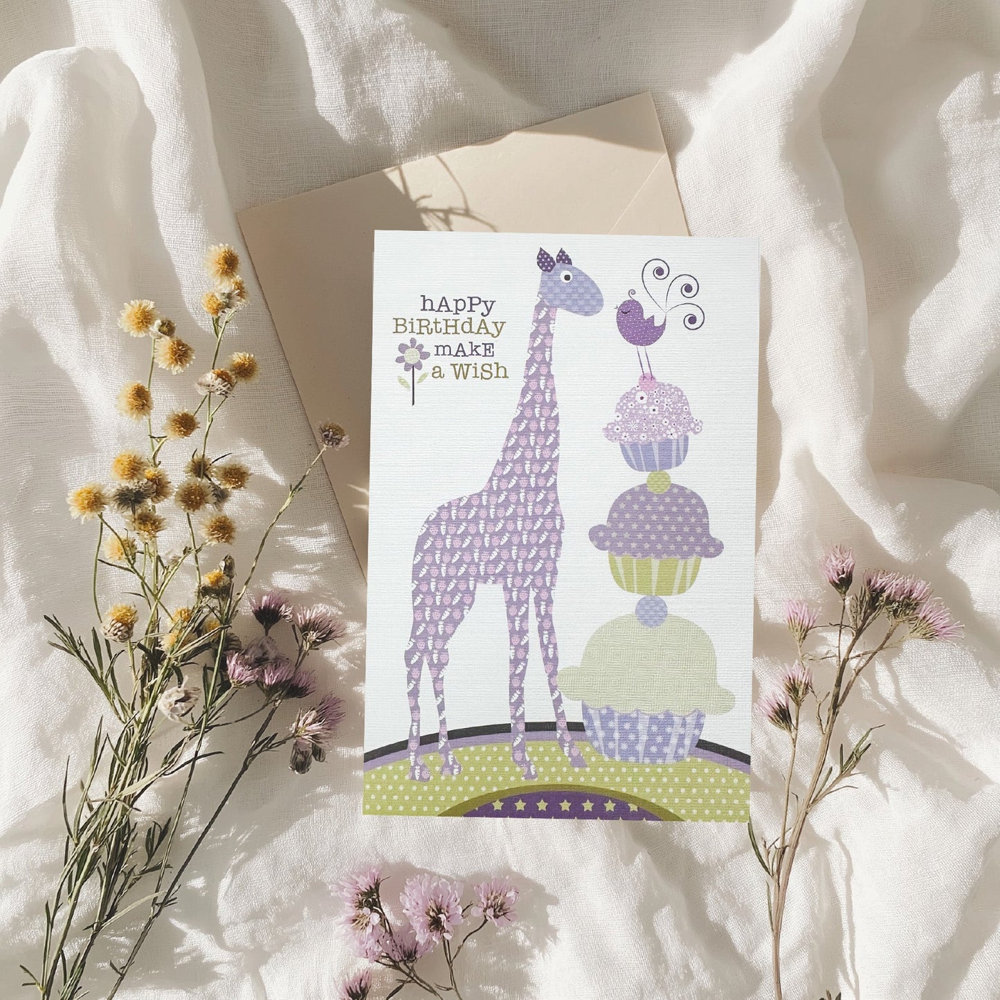 Lilac & Mint Giraffe & Cupcake 'Happy Birthday Make a wish' Card (6x4")