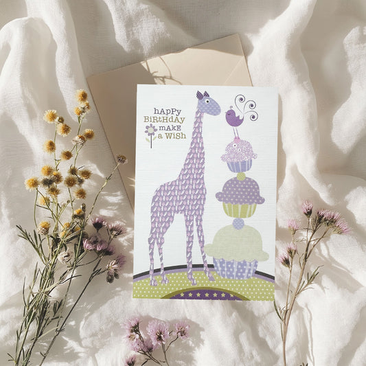 Lilac & Mint Giraffe & Cupcake 'Happy Birthday Make a wish' Card (6x4")