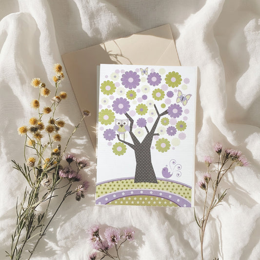 Lilac & Mint Owl Tree Blank Card (6x4")